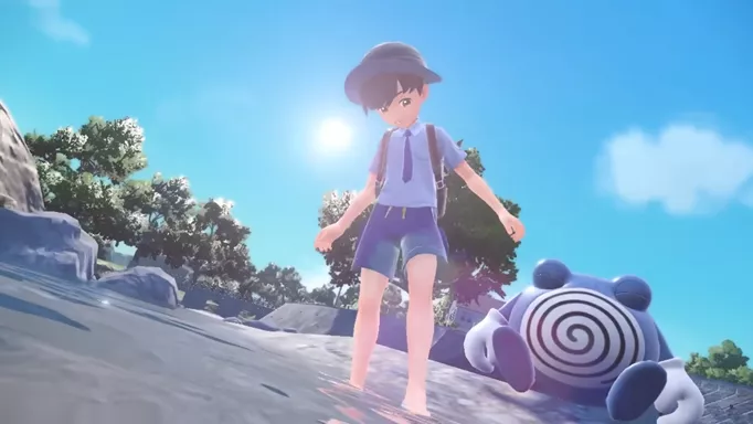 Student stood in water with Poliwhirl in Pokemon Scarlet and Violet