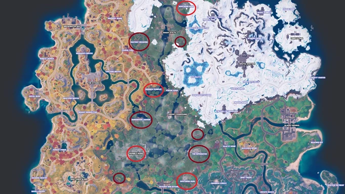 A map of all the Jungle Vaults on the Fortnite Island.