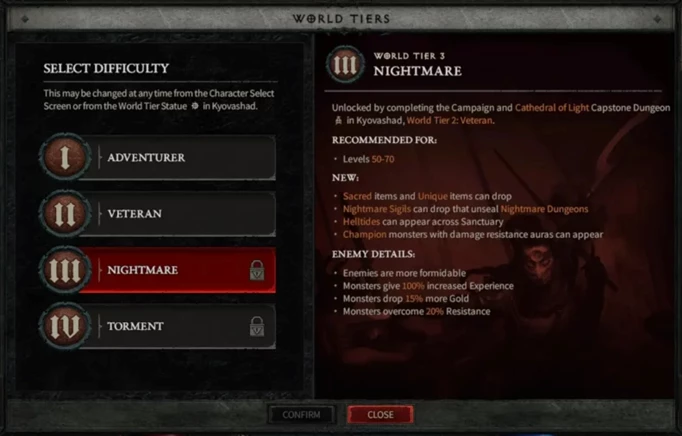 an image of the Diablo 4 difficulty modes