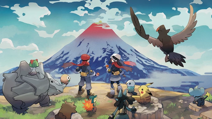 Cover art from Pokémon Legends Arceus, showing the player characters and a group of Pokémon looking out at Mount Coronet