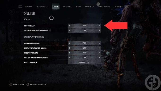 The cross-play settings menu in Dead by Daylight