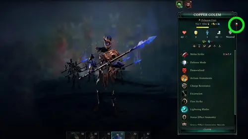 The unit screen for a Copper Golem in Age of Wonders 4, with the disband button circled in green