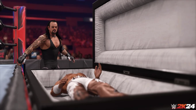 The Undertaker looms as HBK lies in a casket in WWE 2K24.