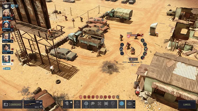 A squad of mercenaries fighting in a desert town in Jagged Alliance 3