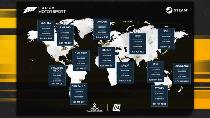 The Forza Motorsport release times across the world for Steam
