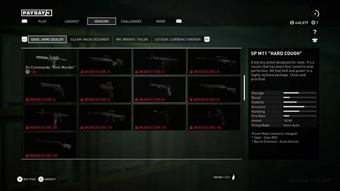 A selection of Pre-set Weapons you can unlock in PAYDAY 3