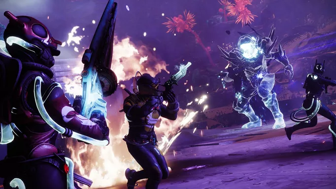 Gameplay screenshot of several Guardians fighting some Taken
