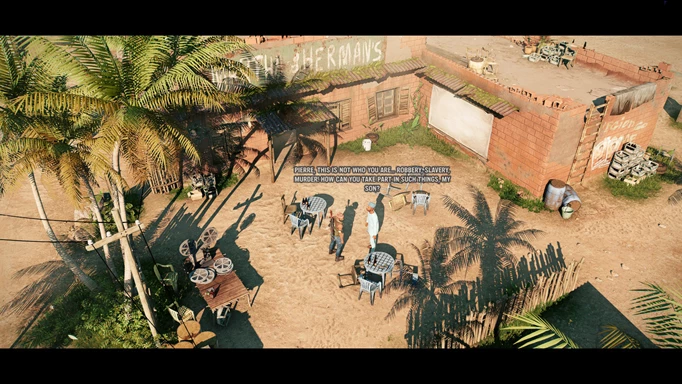 A screenshot from a cutscene in Jagged Alliance 3, showing a Luc talking to his son Pierre
