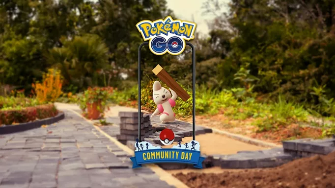 Timburr Community Day cover art, where there'll be greated odds of finding shiny Timburr