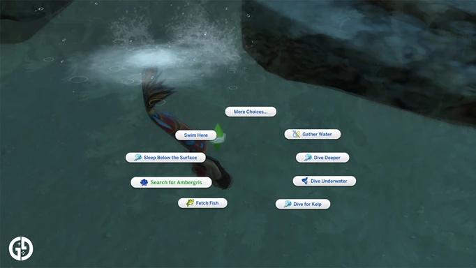 Image of the pie menu in The Sims 4, showing the Expanded Mermaids mod interactions