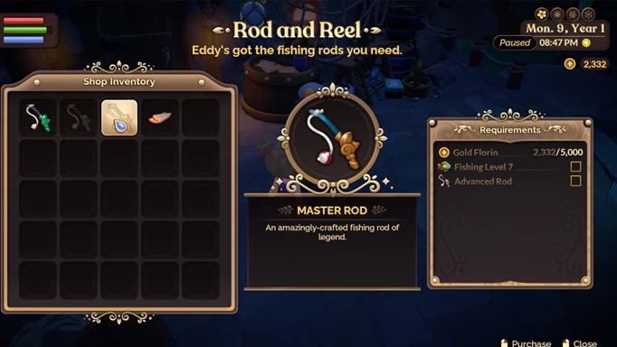 Screenshot showing the fishing rod upgrades in Fay Farm