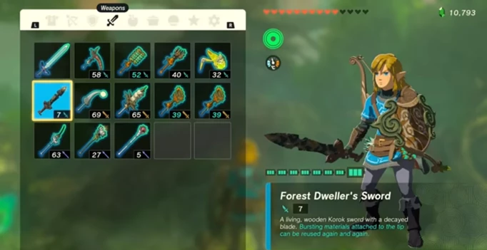 Link holding the Forest Dweller's Sword. It can use the Fuse Recycling ability in Zelda: Tears of the Kingdom