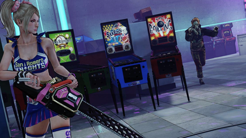 Lollipop Chainsaw star Juliet with her chainsaw, as a zombie shambles towards her.
