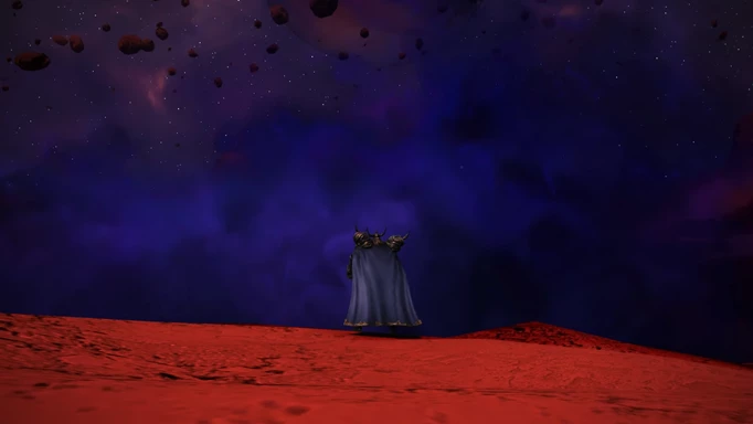 A man in a long cape standing looking at a dark sky in Final Fantasy XIV