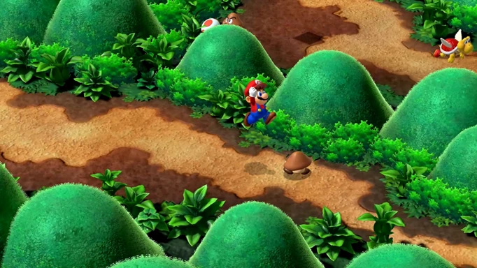 Mario jumping into battle in Super Mario RPG