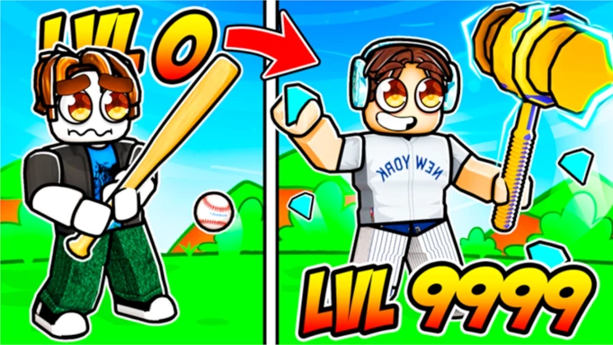Key art from Home Run Simulator 2 showing a level 9999 character