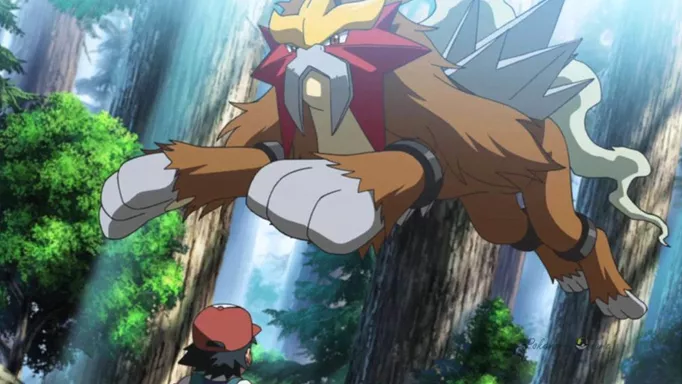 Entei leaping over Ash in the Pokemon anime series.