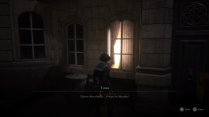 Talking to Toma outside his window before finishing the Faded Whistle quest in Lies of P