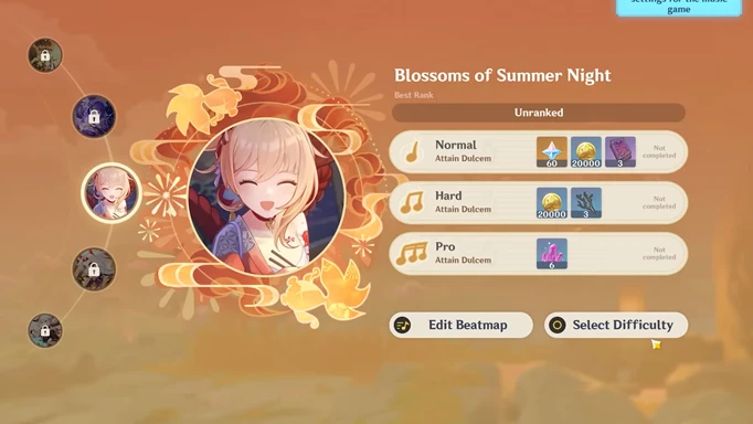 Blossoms of Summer Night banner, featuring rewards for completion of the song.