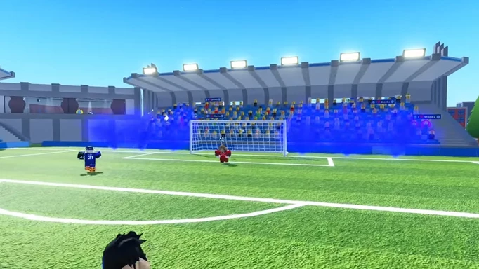 A player is scoring a goal in Super League Soccer.