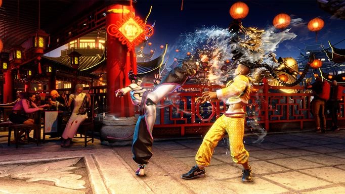 Image shows Juri kicking Jamie during a fight in Street Fighter 6