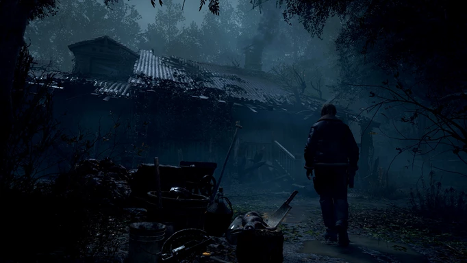 Leon walking towards a destroyed house in Resident Evil 4