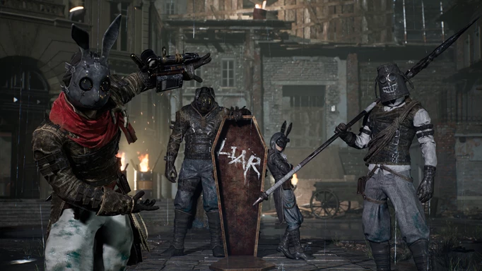 Four enemies holding a coffin in Lies of P