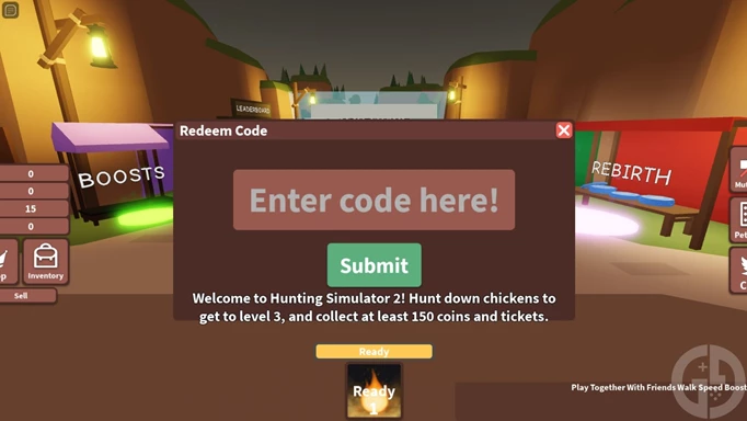 The codes redemption screen in Hunting Simulator 2 for Roblox