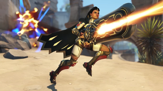 Illari as she appears in Overwatch 2 using her Solar Cannon