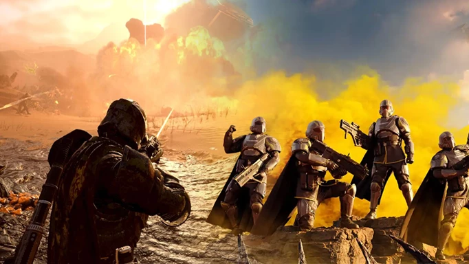 helldivers split image. on the left is a diver aiming their rifle, on the right is a propaganda image of a squad in victory poses