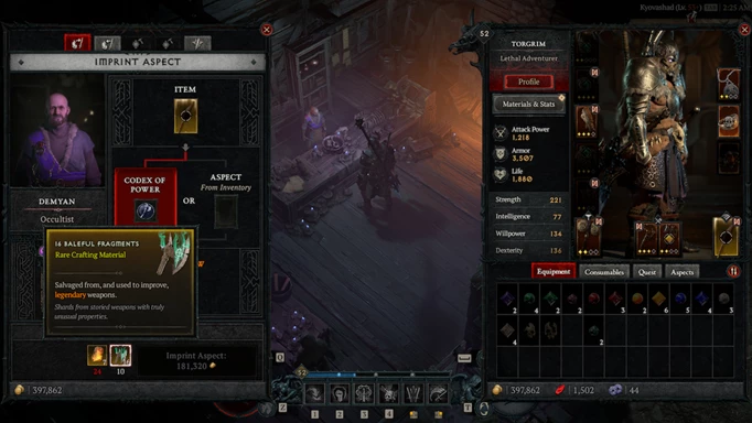 an image of the Diablo 4 inventory screen showing Baleful Fragments.
