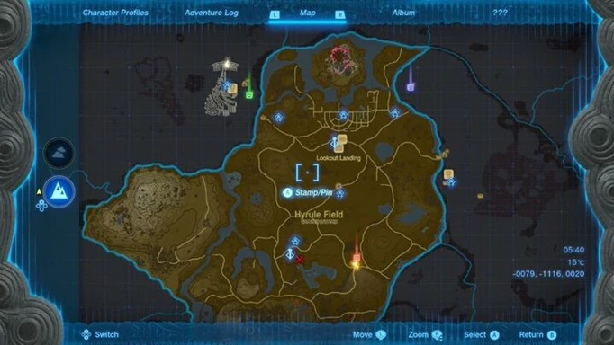A map showing Hyrule field and the locations of the treausre spots using red, blue and green pins in The Legend of Zelda: Tears of the Kingdom