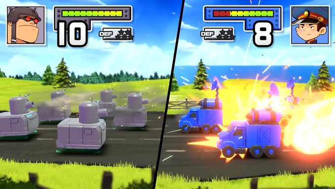 Advance Wars 1+2: A unit of tanks fire on some missile trucks