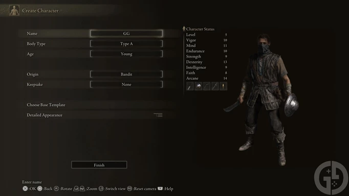 The starting stats of the Bandit class in Elden Ring