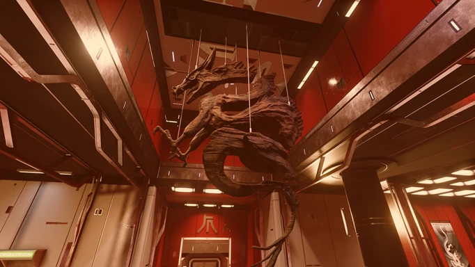 A dragon hanging in Ryujin Industries HQ in Starfield.