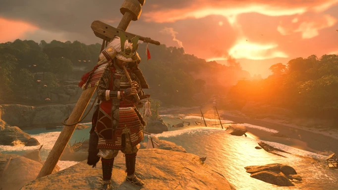 Ghost of Tsushima's Jin looking over a gorgeous sunset.