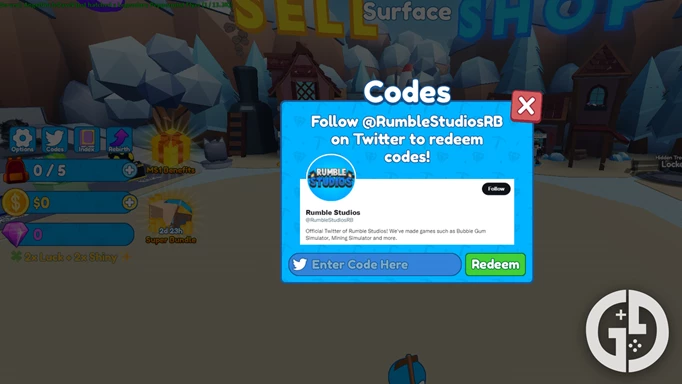 The codes menu in Mining Simulator 2