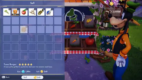 Screenshot showing the selling price of Tuna Burger in Disney Dreamlight Valley
