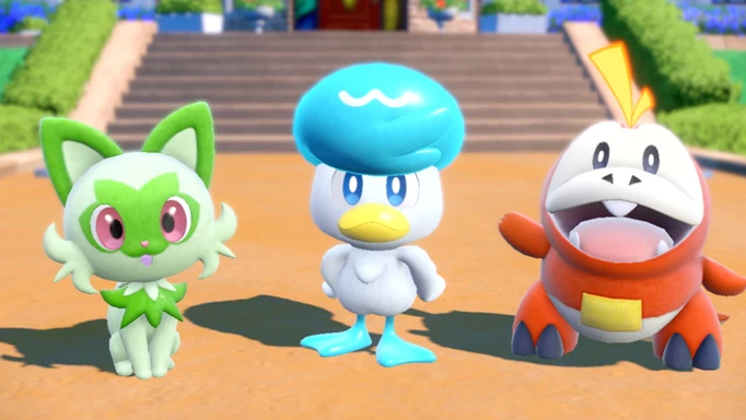 image of Pokémon Scarlet and Violet with Sprigatito, Quaxly, and Fuecoco
