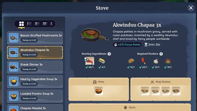 Screenshot of the Akwinduu Chapaa recipe in Palia