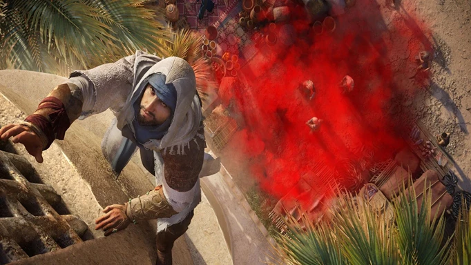 Basim scaling a wall in Assassin's Creed Mirage's open world