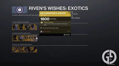 The exotic rewards available from Riven's Wishes