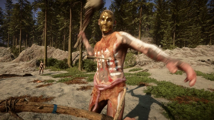 A cannibal enemy from Sons of the Forest runs toward the player with a weapon raised in their right hand