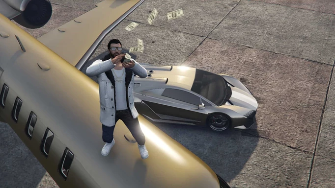 A player making it rain, standing on a plane, in GTA Online