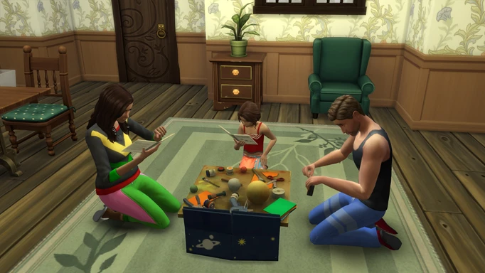 Parents helping with a school project in The Sims 4