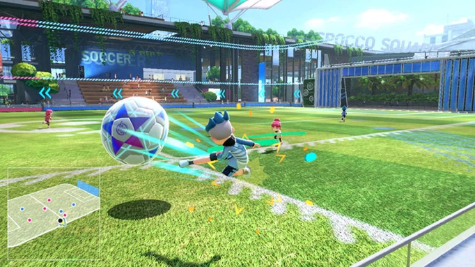 A Sportsmate jumps and kicks the ball in Nintendo Switch Sports soccer.