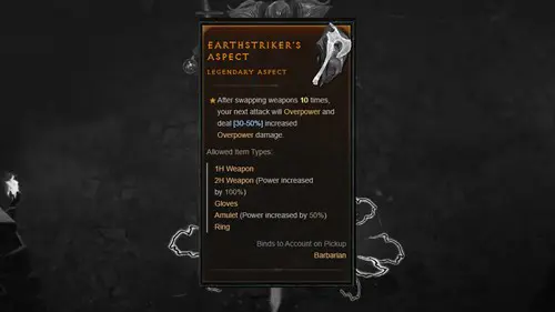 the Aspect from Maugan's Works in Diablo 4, Earthstriker's Aspect