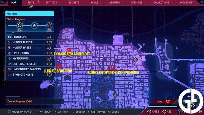 The Harlem map of Spider-Bot locations in Spider-Man 2