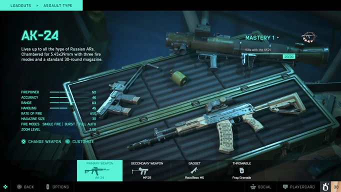 The best Battlefield 2042 AK-24 loadouts menu screen.