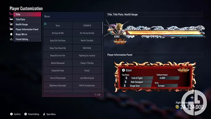 The player customisation menu in Tekken 8